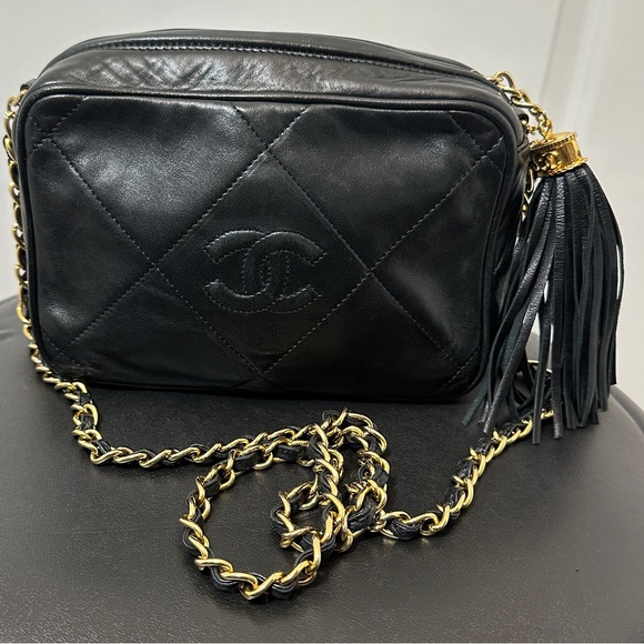Authentic CHANEL Lambskin Quilted Tassel Camera Case Black - Picture 2 of 12